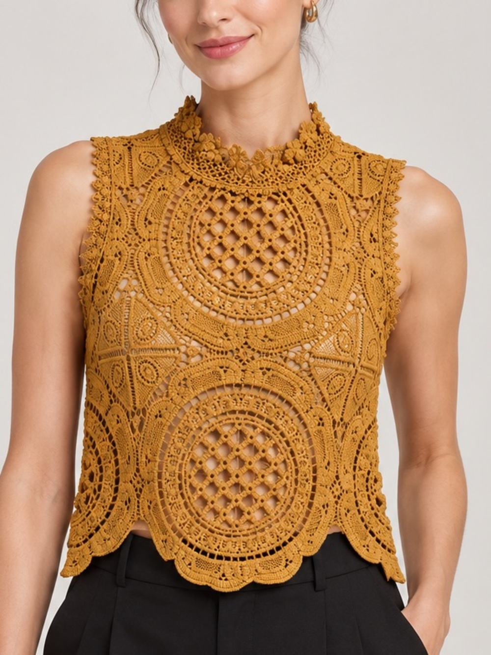 Banjul Mustard Crochet Lace Sleeveless Top with Back Zip
